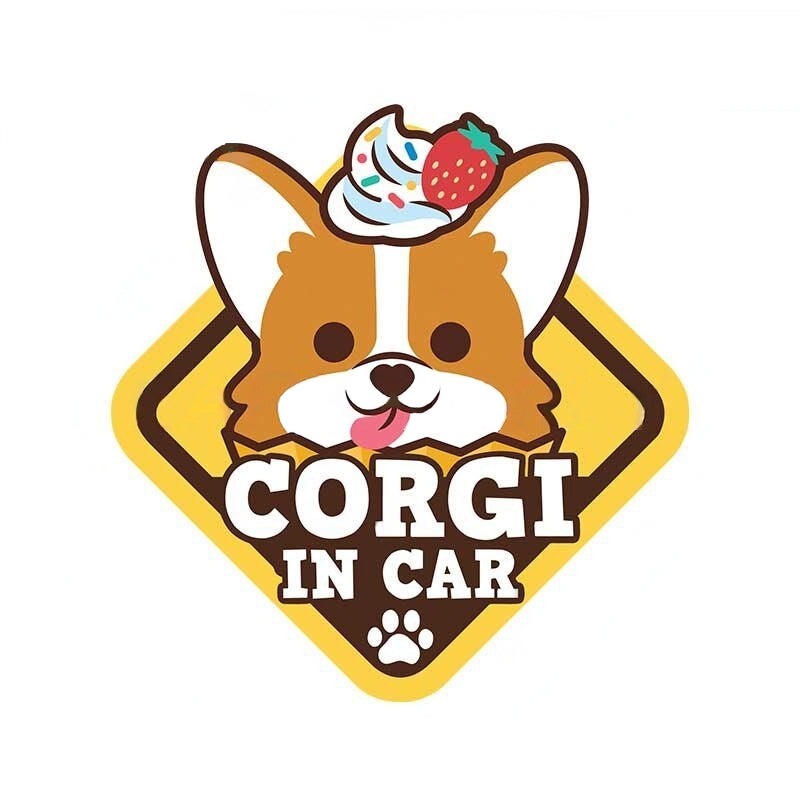 Warning Sign 'Corgi In Car | Strawberry Frosting' Vinyl Car Sticker