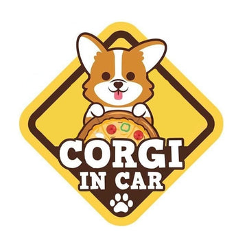 Warning Sign 'Corgi In Car | Steering Wheel Pizza' Vinyl Car Sticker