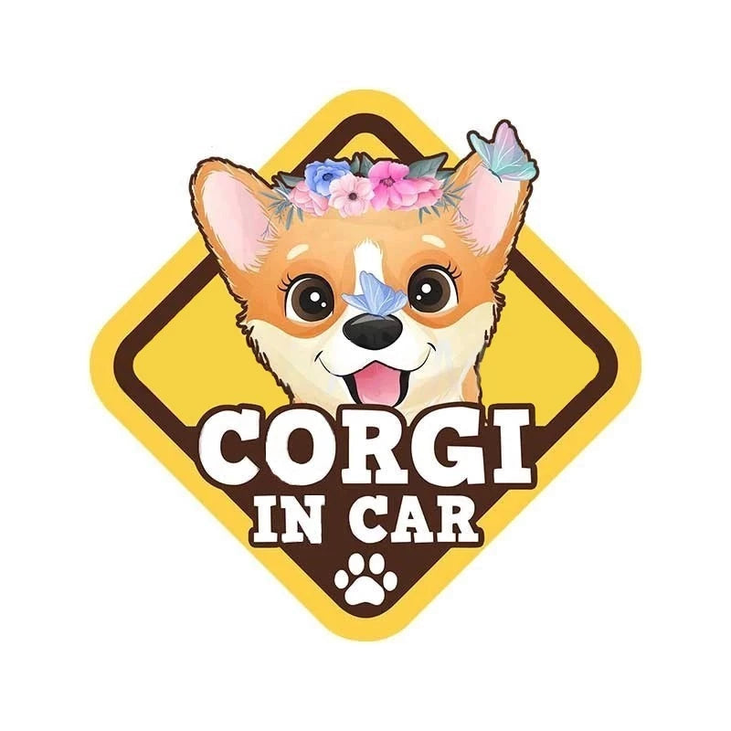 Warning Sign 'Corgi In Car | Flowers' Vinyl Car Sticker