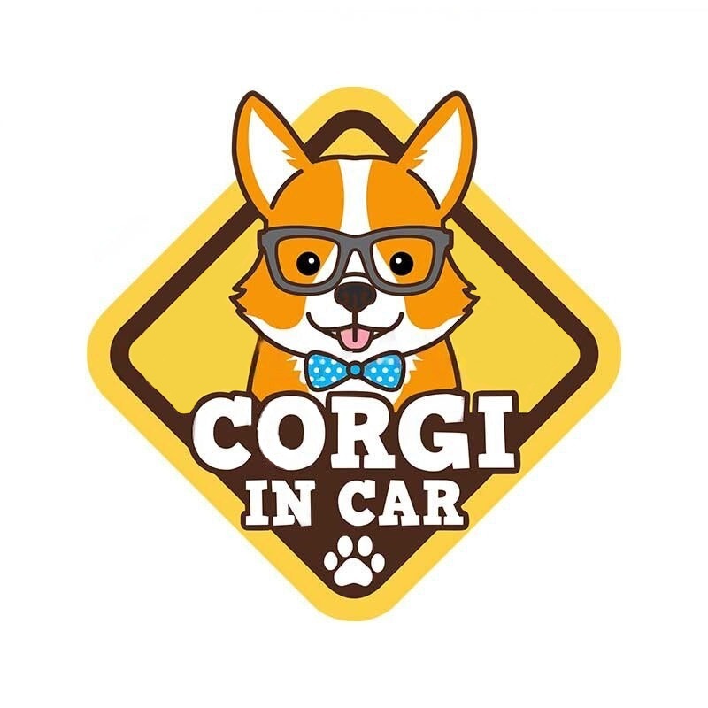 Warning Sign 'Corgi In Car | Eyeglasses and Bow Tie' Vinyl Car Sticker