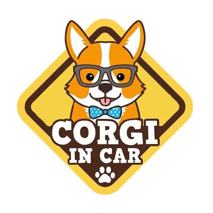 Warning Sign 'Corgi In Car | Eyeglasses and Bow Tie' Vinyl Car Sticker
