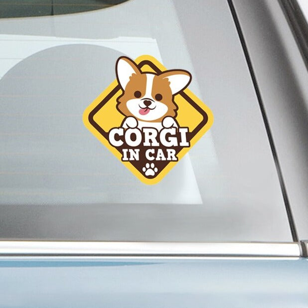 Warning Sign 'Corgi In Car | Tongue Out' Vinyl Car Sticker
