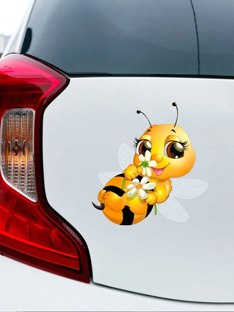 Cute Bee 'Holding Flowers' Vinyl Car Sticker