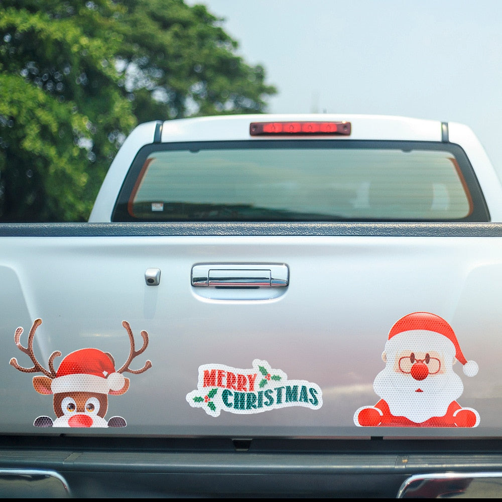 Merry Christmas 'Santa Claus and Rudolph Peeking' Vinyl Car Magnetic Sticker
