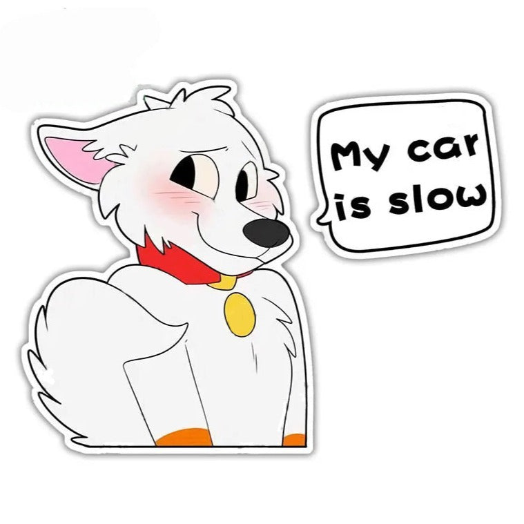 Cute Comic Wolf 'My Car is Slow | Blushing' Vinyl Car Sticker
