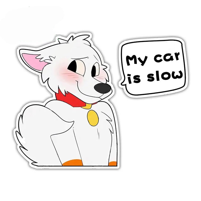 Cute Comic Wolf 'My Car is Slow | Blushing' Vinyl Car Sticker