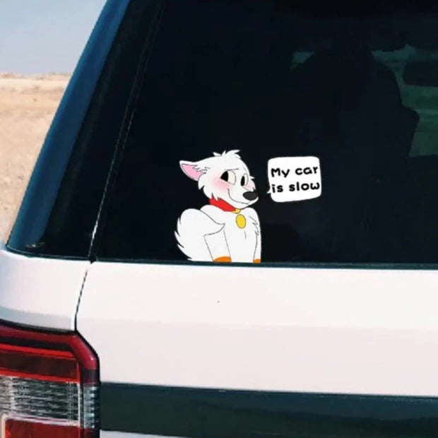 Cute Comic Wolf 'My Car is Slow | Blushing' Vinyl Car Sticker