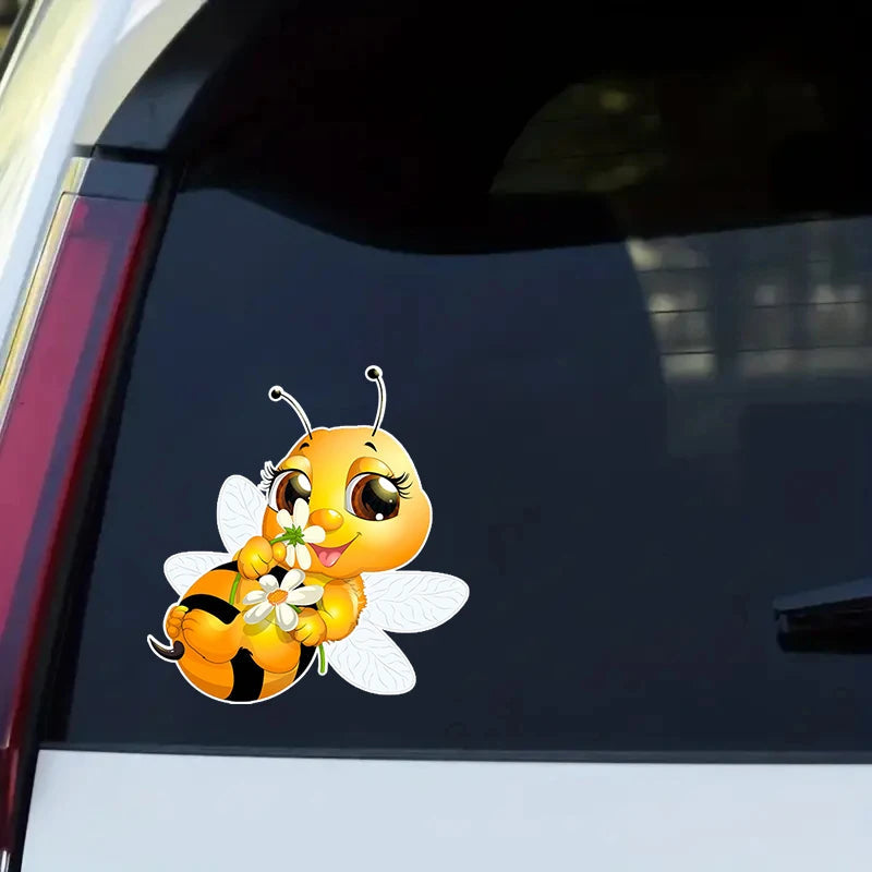 Cute Bee 'Holding Flowers' Vinyl Car Sticker