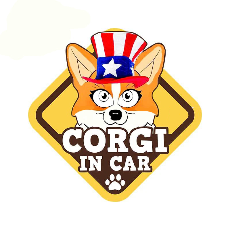 Warning Sign 'Corgi In Car | American Hat' Vinyl Car Sticker