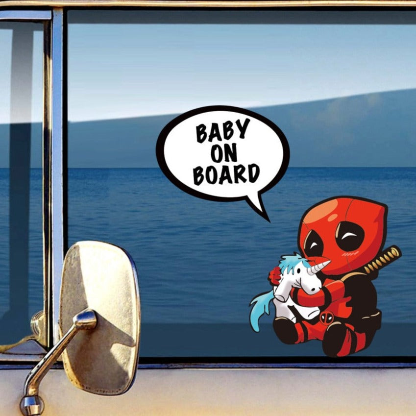 Deadpool 'Baby On Board | Hugging Unicorn' Vinyl Car Sticker