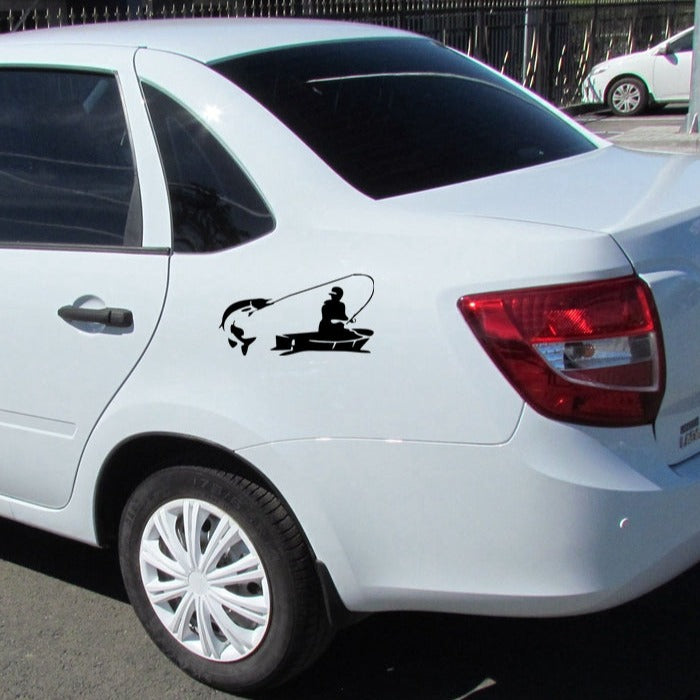 Cool 'Fisherman Catching Fish | Black' Vinyl Car Sticker
