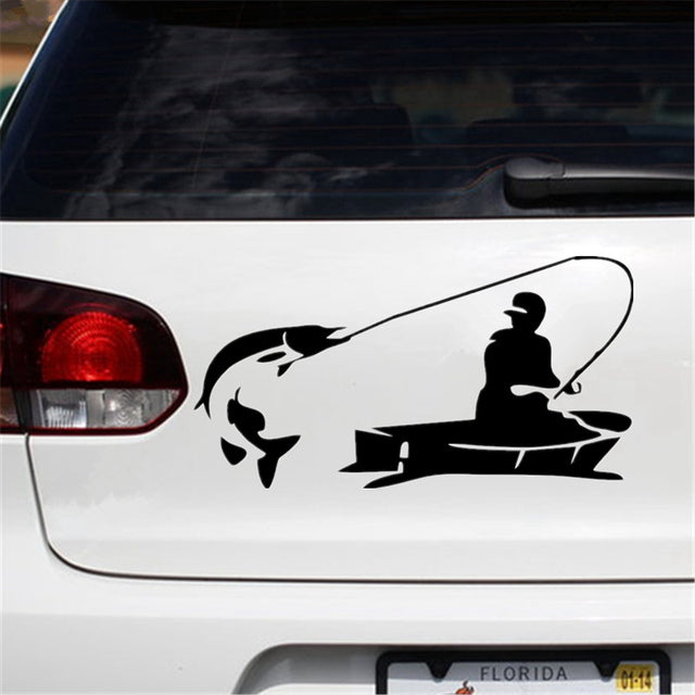 Cool 'Fisherman Catching Fish | Black' Vinyl Car Sticker